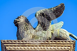 Lion statue at Piazza San Marco St Mark`s Square, Venice, Italy. This place is a tourist attraction of Venice