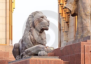 Lion statue at Somoni. Dushanbe, Tajikistan