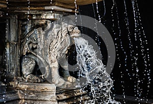 Lion statue with streaming water