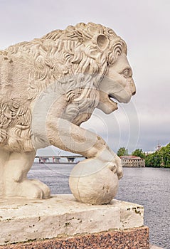 The lion statue on the western bank of the Yelagin Island.