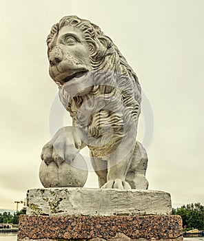 The lion statue on the western bank of the Yelagin Island.