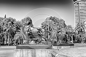 Lion statues of Columbus Monument, Barcelona, Catalonia, Spain