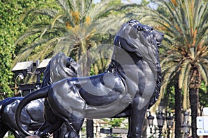 Lion statues in the Columbus monument in Barcelona