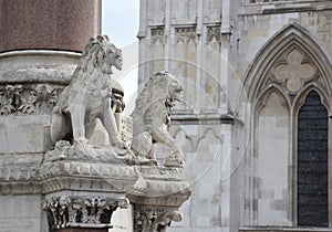 Lion statues in front of Westminster Abbey in Westminster, London