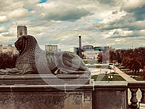 Lion statute outside Indiana World War Memorial