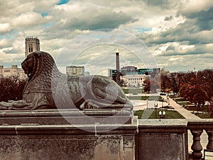 Lion statute outside Indiana World War Memorial photo