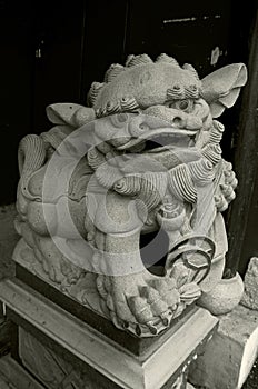 Lion stone at the entrance of a temple, Fuzhou, China