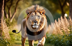 A lion strolling in the garden