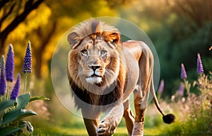 A lion strolling in the garden