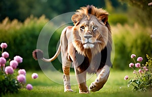 A lion strolling in the garden