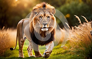 A lion strolling in the garden