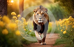 A lion strolling in the garden