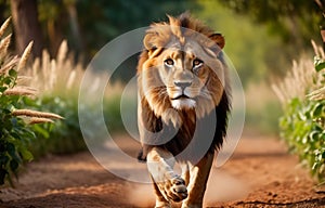 A lion strolling in the garden