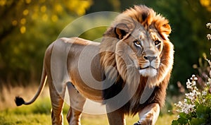 A lion strolling in the garden