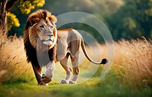 A lion strolling in the garden