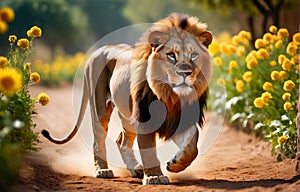 A lion strolling in the garden