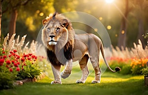 A lion strolling in the garden