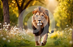 A lion strolling in the garden