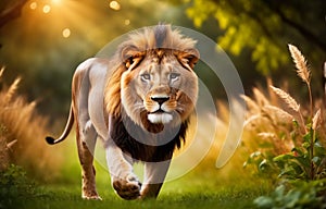 A lion strolling in the garden