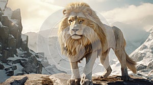 The Golden Compass: A Majestic Lion In Snowy Mountains photo