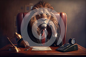 lion in suit and tie, sitting behind mahogany desk, taking important call