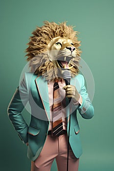 lion in suit using a microphone, generative AI