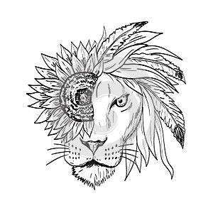 Lion with Sunflower Helianthus Feather and Leaves as Mane Viewed from Front Tattoo Drawing Black and White