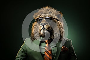 Lion with sunglasses wearing suit and tie standing over solid green background. Generative AI.of lion with