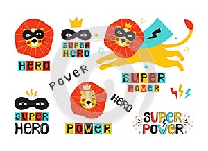 Lion super hero in a black mask and cape. Leo face in a crown. Hand drawn vector illustration with the lettering phrase super