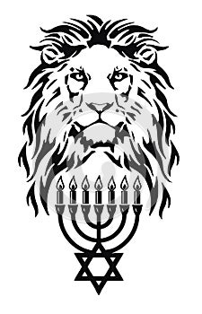 The Lion and the symbol of Judaism - star of David, Megan David and Menorah,  drawing for tattoo