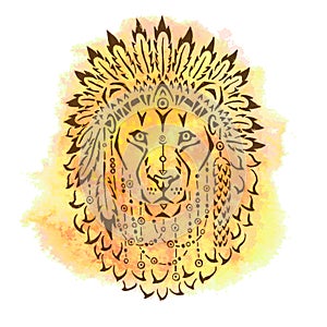 Lion in war bonnet, hand drawn animal illustration