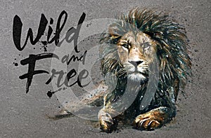 Lion watercolor painting with background predator animals King of animals wild & free