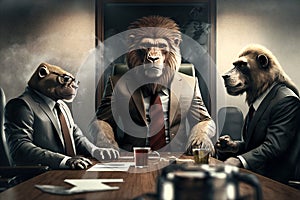 Lion wearing business suit in office, businessman with head of animal, generative AI