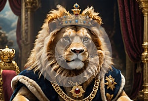 Lion wearing crown and gold chain. 3D illustration