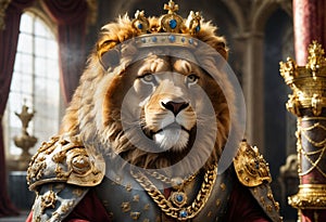 Lion wearing crown and gold chain. 3D illustration