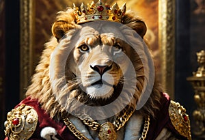 Lion wearing crown and gold chain. 3D illustration