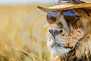 A lion wearing a hat and sunglasses against a savannah backdrop: safari advertisment, text space photo