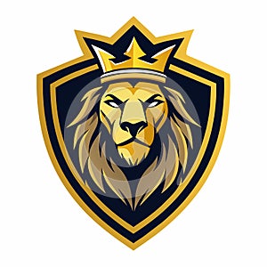 A lion wearing a regal crown on its head, Lion head shield logo icon. Royal gold crown badge symbol
