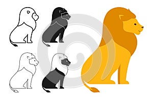 Lion wild animal cartoon style set African leo mammal symbol line silhouette simple abstract mascot