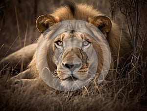 A lion in the wild in the savane AI generated illustration