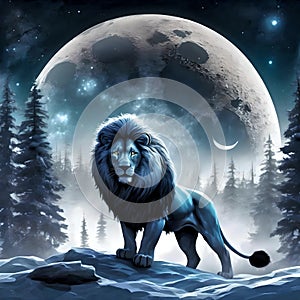 A lion in a winter full moon night