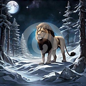 A lion in a winter full moon night