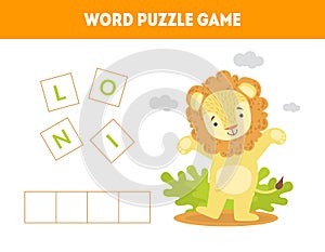 Lion, Word Puzzle Game, Educational Game for Preschool Kids, Place the Letters in Right Order Vector Illustration