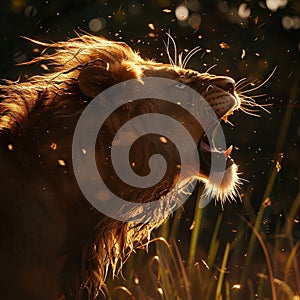 Lion Yawns in Grass Field