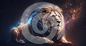 a lion zodiac sign on space background.