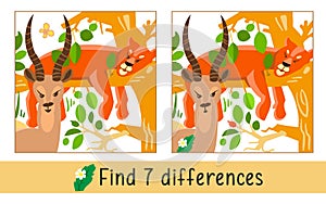 Lioness and antelope. Find 7 differences. Game for children. Activity, vector.