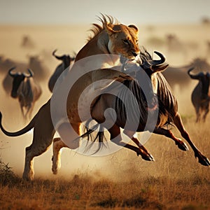 Lioness attacks a wildebeest in the grassy savannah