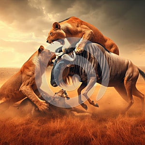 Lioness attacks a wildebeest in the grassy savannah