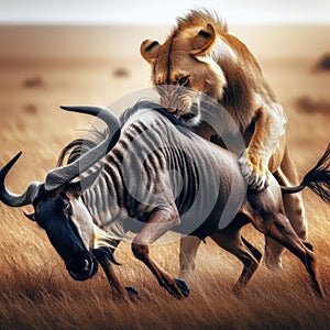 Lioness attacks a wildebeest in the grassy savannah