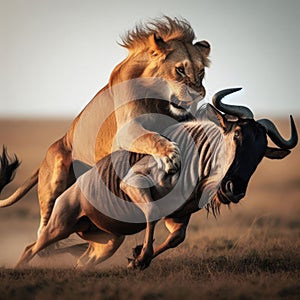 Lioness attacks a wildebeest in the grassy savannah